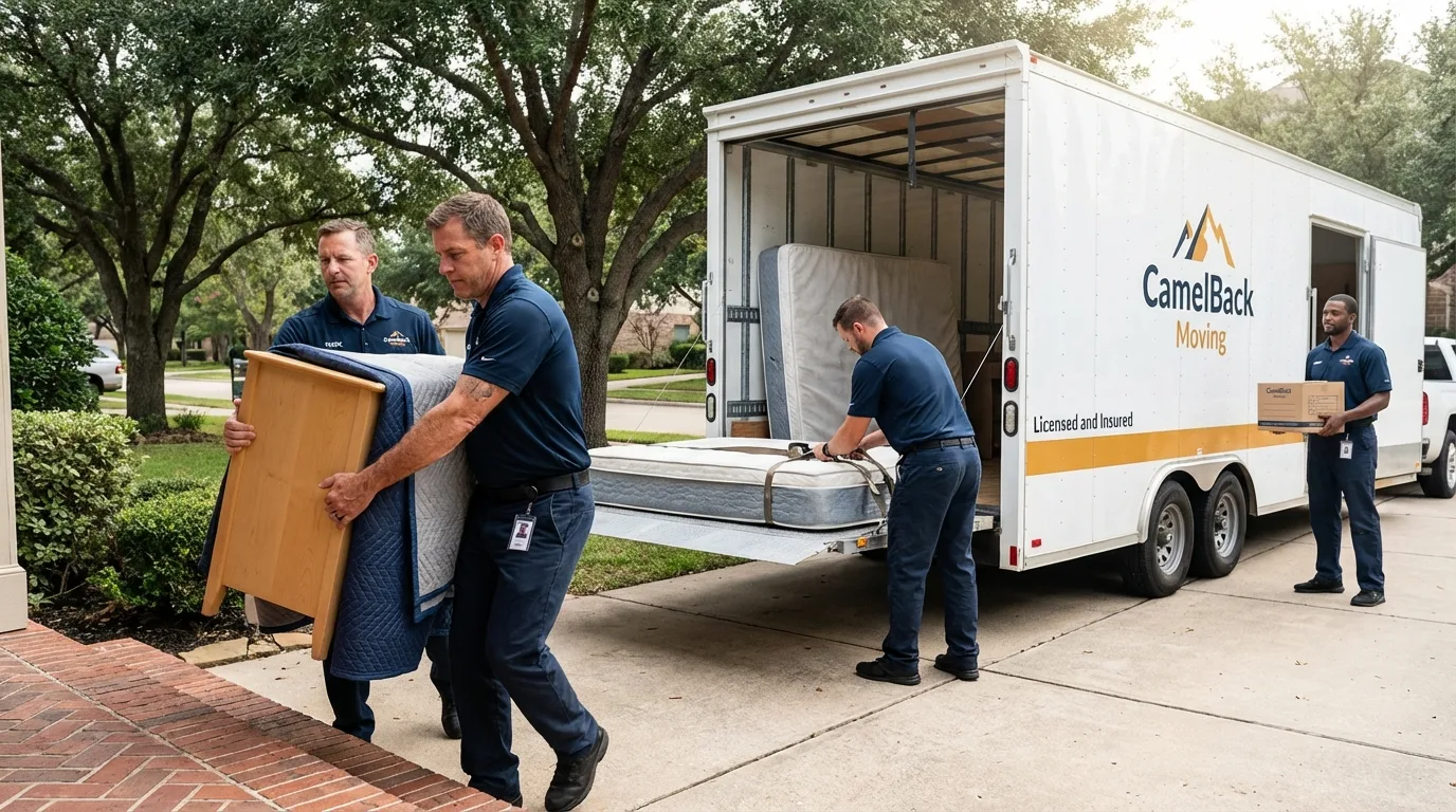 Crew loading residential truck for cross-state move from Iron Mountain, MI