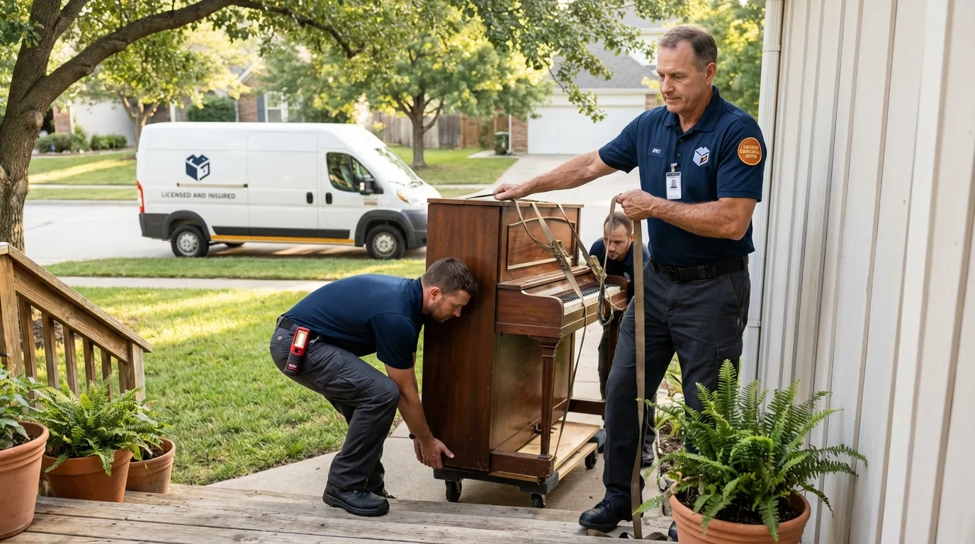 Licensed piano movers securing grand piano in Iron Mountain, MI