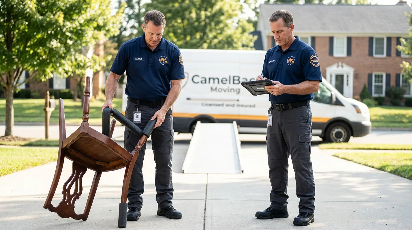Movers inspecting furniture for damage prevention before loading in Iron Mountain, MI